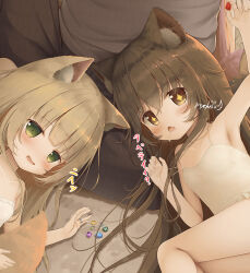 Rule 34 | + +, 2girls, animal ear fluff, animal ears, armpits, banned artist, blonde hair, blush, brown eyes, brown hair, camisole, collarbone, cropped, fang, female focus, flat chest, fox ears, fox girl, fox tail, green eyes, hair between eyes, jewelry, long hair, looking at viewer, multiple girls, open mouth, original, paid reward available, psyche3313, ring, signature, tail, translation request, white camisole