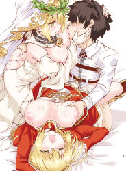 Rule 34 | 1boy, 2girls, ahoge, armored boots, ass, ass grab, bare shoulders, belt, blonde hair, blush, boots, breast sucking, breasts, breasts out, bridal veil, brown hair, chain, chaldea uniform, clothed sex, clothes pull, detached collar, detached sleeves, dress, dress pull, epaulettes, fate/extra, fate/extra ccc, fate (series), fujimaru ritsuka (male), grabbing, grabbing another&#039;s breast, green eyes, group sex, hair intakes, head wreath, hetero, juliet sleeves, large breasts, leotard, lock, long hair, long sleeves, looking at viewer, lying, missionary, multiple girls, nero claudius (bride) (fate), nero claudius (bride) (third ascension) (fate), nero claudius (fate), nero claudius (fate) (all), nero claudius (fate/extra), nipples, on back, open mouth, padlock, parted lips, penis, puffy detached sleeves, puffy sleeves, red dress, rohgun, sex, shirt, short hair, smile, spiked hair, spread legs, thighs, vaginal, veil, white leotard, white shirt, white sleeves