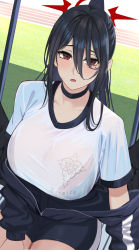 Rule 34 | 1girl, black hair, blue archive, blush, breasts, choker, gaitoou, hair between eyes, halo, hasumi (blue archive), hasumi (track) (blue archive), jacket, large breasts, long hair, mole, mole under eye, off shoulder, open mouth, ponytail, see-through, shorts, sitting, solo, sweat