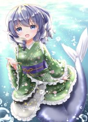 Rule 34 | 1girl, absurdres, air bubble, arm at side, arm up, asa no ha (pattern), blue eyes, blue hair, blush, bubble, commentary request, drill hair, egasumi, fins, floral print, frilled sleeves, frills, full body, green kimono, head fins, highres, japanese clothes, kimono, layered clothes, layered kimono, long sleeves, looking at viewer, mermaid, monster girl, nyanyanoruru, obi, open hand, open mouth, partial commentary, sash, short hair, short kimono, solo, touhou, underwater, wakasagihime, wide sleeves