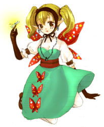 Rule 34 | 1girl, agitha, blonde hair, brown eyes, earrings, elbow gloves, female focus, gloves, jewelry, lowres, nintendo, pointy ears, smile, solo, the legend of zelda, the legend of zelda: twilight princess, twintails, wings