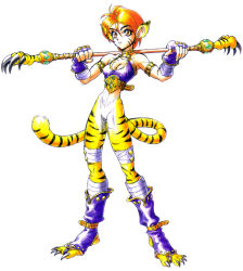Rule 34 | 1990s (style), 1girl, animal ears, animal print, armlet, bandages, bottomless, breath of fire, breath of fire ii, bustier, capcom, claws, facial mark, fingerless gloves, gloves, green eyes, leather, lingerie, matching hair/eyes, no panties, official art, orange eyes, orange hair, polearm, retro artstyle, rinpoo chuan, short hair, simple background, solo, staff, standing, tail, tiger print, underwear, waist cincher, weapon, white background, yoshikawa tatsuya