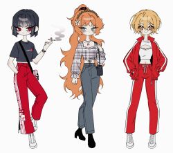 Rule 34 | 3cnfw, 3girls, adidas, black footwear, black hair, blonde hair, boots, bow, cigarette, closed mouth, don quixote (project moon), freckles, full body, green eyes, grey pants, hair bow, high ponytail, highres, ishmael (project moon), jacket, limbus company, long sleeves, looking at viewer, multiple girls, orange hair, pants, project moon, puffy long sleeves, puffy sleeves, red eyes, red jacket, red pants, ryoshu (project moon), shoes, short sleeves, simple background, smile, standing, straight-on, white background, white footwear, yellow eyes