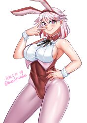 Rule 34 | 1girl, absurdres, adapted costume, animal ears, breasts, covered navel, cowboy shot, dated, detached collar, framed breasts, giuseppe garibaldi (kancolle), gloves, highres, kantai collection, katou shinobu, large breasts, leotard, pantyhose, pink eyes, pink hair, pink pantyhose, playboy bunny, rabbit ears, rabbit tail, red leotard, simple background, smile, solo, strapless, strapless leotard, tail, twitter username, white background, white gloves, wrist cuffs