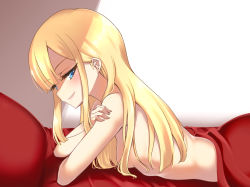 Rule 34 | 1girl, areola slip, bed sheet, blonde hair, blue eyes, blush, breasts, fate/grand order, fate (series), gokubuto mayuge, grin, long hair, looking at viewer, lord el-melloi ii case files, lying, nude, on bed, on stomach, pillow, reines el-melloi archisorte, sidelocks, small breasts, smile, solo, under covers