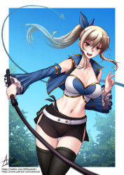 Rule 34 | 1girl, :d, adsouto, blonde hair, breasts, collarbone, crop top, detached sleeves, fairy tail, hair ribbon, highres, holding, holding whip, long hair, looking at viewer, lucy heartfilia, medium breasts, navel, open mouth, ponytail, ribbon, shiny skin, signature, skirt, smile, solo, teeth, thighhighs, upper teeth only, whip, yellow eyes