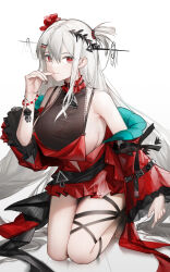 Rule 34 | 1girl, arknights, ascot, bare shoulders, barefoot, black ascot, bracelet, breasts, clothing cutout, collar, detached sleeves, doctor (arknights), dress, expressionless, hair between eyes, hair ornament, highres, jewelry, kneeling, large breasts, long hair, long sleeves, looking at viewer, navel cutout, red collar, red dress, red eyes, side ponytail, sideboob, skadi (arknights), skadi the corrupting heart (arknights), solo, white background, white hair, yuuki mix