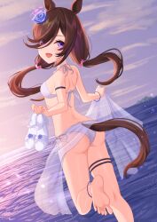 Rule 34 | 1girl, animal ears, ass, barefoot, bikini, blue sky, blush, breasts, brown hair, commentary, feet, highres, holding, holding clothes, holding footwear, holding sandals, horse ears, horse girl, horse tail, long hair, ocean, outdoors, philo 324, purple eyes, rice shower (umamusume), sky, small breasts, smile, soles, solo, standing, standing on one leg, swimsuit, tail, thigh strap, toes, twintails, umamusume, water, white bikini
