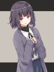 Rule 34 | 1girl, black background, black hair, black nails, black ribbon, blue eyes, blunt bangs, blush, cardigan, collared shirt, commentary request, fingernails, grey background, grey cardigan, grey skirt, hands up, highres, joshi kousei no mudazukai, kujou hisui, long sleeves, nail polish, neck ribbon, open cardigan, open clothes, open mouth, own hands together, pleated skirt, rb2, ribbon, school uniform, shirt, shirt tucked in, short hair, simple background, skirt, sleeves past wrists, tearing up, turtleneck, two-tone background, upper body, white shirt