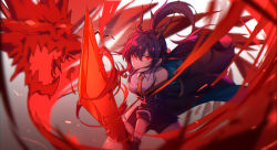 Rule 34 | 1girl, absurdres, arknights, bare shoulders, blue hair, ch&#039;en (arknights), chinese commentary, commentary, commentary request, dark blue hair, dragon, dragon horns, gloves, highres, holding, holding sword, holding weapon, horns, jacket, necktie, open clothes, red eyes, shirt, shorts, solo, sword, weapon, white shirt, yumuto (spring1786)
