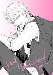 Rule 34 | 1boy, ear piercing, english text, eyelashes, from side, green eyes, greyscale, hand on own knee, hand to own mouth, head tilt, highres, jacket, jacket on shoulders, looking at viewer, male focus, monochrome, pants, parted lips, piercing, pill in mouth, pink background, rkgktbr, sanzu haruchiyo, scar, scar on face, shirt, simple background, sitting, sleeves rolled up, solo, spot color, tokyo revengers, tongue, tongue out, upper body, vest