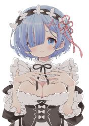 Rule 34 | 1girl, blue eyes, blue hair, blush, breasts, cleavage, commentary, hair over one eye, hair ribbon, hands on own chest, highres, large breasts, looking at viewer, maitou, re:zero kara hajimeru isekai seikatsu, rem (re:zero), ribbon, short hair, simple background, solo, upper body, white background