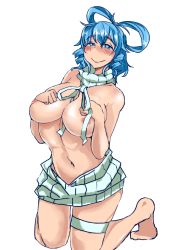 Rule 34 | 1girl, barefoot, blue hair, breasts, commentary request, hair between eyes, half-closed eyes, heiseikorotaisei, kaku seiga, kneeling, large breasts, legs, looking at viewer, meme attire, navel, nipples, short hair, simple background, solo, stomach, thigh strap, thighs, touhou, virgin killer sweater, white background
