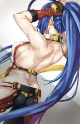 Rule 34 | 1girl, adjusting hair, antenna hair, armpits, arms behind head, ass, back, backless outfit, bare back, bare shoulders, black pants, blazblue, blazblue: central fiction, blazblue variable heart, blazpu, blue hair, breasts, butt crack, cowboy shot, fingerless gloves, from behind, genderswap, genderswap (mtf), gloves, hair between eyes, halterneck, highres, holding, large breasts, long hair, lowleg, lowleg pants, mai natsume, no bra, no panties, pants, ponytail, red gloves, revealing clothes, ribbon, sideboob, sidelocks, simple background, solo, standing, thighs, tying hair, very long hair, white background, yellow ribbon