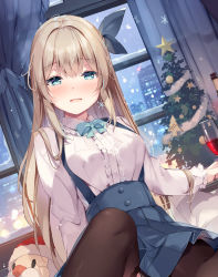 Rule 34 | 1girl, black thighhighs, blonde hair, blue bow, blue bowtie, blue eyes, blue skirt, blush, bow, bowtie, character request, christmas, collared shirt, copyright request, hair ribbon, long hair, long sleeves, looking at viewer, miyase mahiro, pleated skirt, ribbon, shirt, sitting, skirt, solo, suspender skirt, suspenders, thighhighs, underbust, white shirt