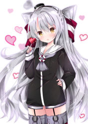 Rule 34 | 10s, 1girl, amatsukaze (kancolle), bad id, bad pixiv id, black dress, blush, candy, dress, food, garter straps, grey neckerchief, hair tubes, hand on own hip, heart, heart-shaped food, kantai collection, lollipop, long hair, long sleeves, nanase nao, neckerchief, open mouth, short dress, silver hair, simple background, solo, thighhighs, twintails, two side up, very long hair, yellow eyes, zettai ryouiki