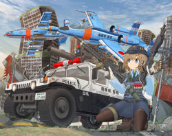 Rule 34 | 12-gauge, 12-gauge (2 3/4 inch shell), 1girl, 3others, a-10 thunderbolt ii, agm-65 maverick, aiguillette, aim-9 sidewinder, air-to-air missile, air-to-surface missile, aircraft, airplane, ammunition, armed girls x mecha, attack aircraft, autocannon, black footwear, black pantyhose, blue eyes, blue headwear, blue shirt, blue skirt, blue sky, body armor, bomb, boots, brown hair, building, bullet, cannon, car, close air support, closed mouth, combat shotgun, commentary request, day, destruction, dress shirt, dual-mode shotgun, dual wielding, explosive, female service cap, fighter jet, franchi, gatling gun, gau-8 avenger, gloves, green neckwear, gun, gunship, hat, headset, highres, holding, holding gun, holding weapon, humvee, jet, knife, long sleeves, looking at another, machine gun, mikeran (mikelan), military, military vehicle, miniskirt, missile, motor vehicle, multiple-barrel firearm, multiple others, on one knee, original, outdoors, pantyhose, partial commentary, pencil skirt, pilot, pilot helmet, police, police car, police hat, police uniform, precision-guided munition, pump-action shotgun, pump action, rising sun flag, road, rocket launcher, rotary cannon, roundel, ruins, scope, semi-automatic firearm, semi-automatic shotgun, shirt, short hair, shotgun, shotgun shell, skirt, sky, smile, spas-12, sunburst, tactical clothes, thigh strap, thighhighs, trigger discipline, uniform, utility pole, vehicle focus, weapon, weapon request, white gloves, wing collar