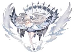 Rule 34 | 1girl, ahoge, artist request, azur lane, bare shoulders, blush, cannon, full body, grey eyes, grey hair, hair ornament, highres, leg up, long sleeves, looking at viewer, official art, smoke, solo, thighhighs, torpedo tubes, transparent background, turret, umikaze (azur lane), white thighhighs, wide sleeves, wings