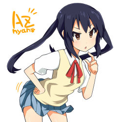 Rule 34 | 1girl, bad id, bad pixiv id, black hair, brown eyes, female focus, k-on!, leaning forward, long hair, nakano azusa, neck ribbon, pilotis, red ribbon, ribbon, school uniform, simple background, solo, twintails, white background