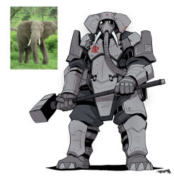 Rule 34 | absurdres, ambiguous gender, animal ears, animal helmet, armor, body armor, boots, creature and personification, elephant, elephant ears, facing viewer, full armor, full body, gas mask, gegegekman, gloves, grey pants, hammer, helmet, highres, holding, holding hammer, holding weapon, mask, original, pants, personification, photo inset, shadow, shin guards, shoulder armor, signature, solo, tusks, two-handed, war hammer, weapon, white background
