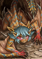 Rule 34 | 1girl, all fours, blue hair, claws, clenched teeth, crawling, dark-skinned female, dark skin, glaring, looking at viewer, maxa&#039;, monster girl, monster hunter (series), personification, red eyes, scales, short hair, solo, tail, teeth, tigrex, veins, wings