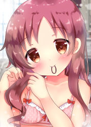 Rule 34 | 1girl, bare shoulders, blurry, blurry background, blush, bow, bow bra, bra, breasts, brown eyes, brown hair, bunching hair, closed mouth, collarbone, commentary request, depth of field, fingernails, gochuumon wa usagi desu ka?, hair tie, hair tie in mouth, head tilt, long hair, looking at viewer, mouth hold, natsu megumi, pink bra, polka dot, polka dot bra, rikatan, small breasts, smile, solo, underwear, underwear only, upper body