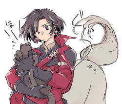 Rule 34 | 1boy, animal, black gloves, black hair, cape, cat, centaur, co2nyan, constantine xi (fate), earrings, fate/grand order, fate (series), flying sweatdrops, gloves, holding, holding animal, holding cat, jewelry, looking down, male focus, monster boy, monsterification, simple background, solo, taur, white background