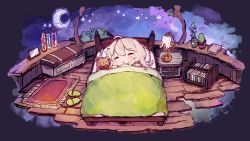 Rule 34 | 1girl, bed, blush, book, bow, camomi, chibi, closed eyes, commentary request, crescent moon, frilled pillow, frills, green footwear, grey hair, hair between eyes, highres, lamp, lying, moon, nightstand, on back, original, parted lips, photo (object), pillow, plant, potted plant, red bow, rug, slippers, unworn slippers, solo, star (symbol), stuffed animal, stuffed toy, teddy bear, under covers, wooden floor