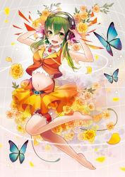 Rule 34 | 1girl, barefoot, belt, bridal garter, bug, butterfly, crop top, goggles, green eyes, green hair, gumi, hands on headphones, headphones, highres, insect, looking at viewer, matching hair/eyes, midriff, navel, open mouth, sheep sleep, short hair, skirt, smile, solo, vocaloid