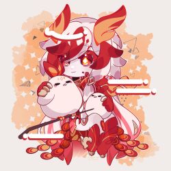 Rule 34 | 1girl, animal hands, animal legs, bare shoulders, chibi, chinese clothes, claws, closed mouth, detached sleeves, elbow gloves, eyeliner, fu hua, fu hua (garuda), gloves, hair between eyes, honkai (series), honkai impact 3rd, jingwei (bird), light smile, long hair, looking at viewer, low-tied long hair, low twintails, makeup, multicolored hair, myokko190714, red eyeliner, red eyes, red gloves, red hair, red scales, sitting, solo, streaked hair, symbol-shaped pupils, tail, twintails, two-tone hair, white hair, yellow pupils