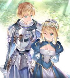 Rule 34 | 1boy, 1girl, ahoge, armor, arms behind back, arthur pendragon (fate), artoria pendragon (all), artoria pendragon (fate), blonde hair, braid, canvas, commentary request, dated, dress, dual persona, emmmerald, fate/grand order, fate/prototype, fate/stay night, fate (series), flower, french braid, green eyes, hair ribbon, hand on another&#039;s head, head wreath, long hair, looking at another, one eye closed, outdoors, parted lips, puffy sleeves, ribbon, saber (fate), sidelocks, smile, standing