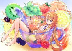 Rule 34 | 1girl, barefoot, blackberry (fruit), blue eyes, blueberry, cherry, cup, drinking glass, feet, food, fruit, grapes, highres, in container, in cup, kiwi (fruit), lemon, long hair, mini person, minigirl, mint, orange (fruit), orange hair, original, pineapple, pineapple slice, raspberry, rgrey00, school uniform, shirt, skirt, strawberry, wet, wet clothes, wet shirt, wet skirt