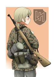 Rule 34 | 1girl, absurdres, blonde hair, blush, bolt action, brown eyes, camouflage, canteen, commentary, english commentary, gun, highres, mardjan, mauser 98, military, military uniform, original, ponytail, rifle, soldier, solo, uniform, weapon, world war ii