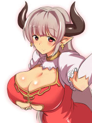 Rule 34 | 10s, 1girl, alicia (granblue fantasy), blush, breast hold, breasts, center opening, cleavage, cross, cross earrings, draph, dress, earrings, fujikusa, granblue fantasy, grey hair, horns, huge breasts, jewelry, long hair, looking at viewer, pointy ears, red dress, red eyes, smile, solo, tareme, underboob, upper body