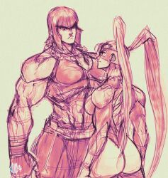Rule 34 | 2girls, ass, breasts, david liu, gloves, height difference, highres, long hair, looking at another, marisa (street fighter), medium breasts, multiple girls, muscular, muscular female, rainbow mika, short hair, sketch, street fighter, street fighter 6, street fighter v, twintails, wrestling mask