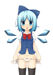 Rule 34 | 1girl, bad id, bad pixiv id, black thighhighs, blue eyes, blue hair, bow, bow panties, cirno, groin, hair bow, highres, kinakomoti, matching hair/eyes, navel, no pants, open mouth, panties, panty pull, short hair, side-tie panties, simple background, solo, thighhighs, touhou, underwear, wings