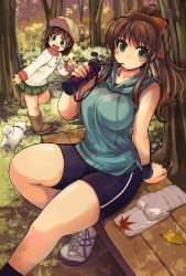 Rule 34 | 2girls, age difference, bike shorts, bottle, breasts, brown hair, dog, drinking, forest, green eyes, hat, large breasts, legs, long hair, looking at viewer, mil (xration), multiple girls, nature, original, ponytail, puppy, shoes, sitting, skirt, sneakers, towel, tree shade, water bottle