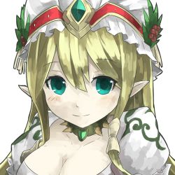 Rule 34 | 1girl, aqua eyes, berry, blonde hair, blush, breasts, choker, cleavage, collar, collarbone, freyja (p&amp;d), hat, hat leaf, leaf, long hair, mosamune, pointy ears, puffy short sleeves, puffy sleeves, puzzle &amp; dragons, short sleeves, simple background, smile, solo, spiked collar, spikes, upper body, white background