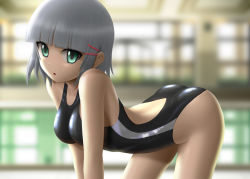 Rule 34 | 1girl, :o, aizawa sakuya, all fours, arched back, bad id, bad pixiv id, blurry, competition swimsuit, depth of field, green eyes, grey hair, hair ornament, hairclip, hayate no gotoku!, one-piece swimsuit, pool, poolside, reflection, shiny clothes, short hair, single vertical stripe, siraha, solo, swimsuit