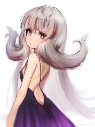 Rule 34 | 1girl, :o, ass, back, backless dress, backless outfit, bare back, breasts, butt crack, dress, eyebrows, from side, grey hair, highres, long hair, looking at viewer, nijisanji, nijisanji en, purple dress, purple eyes, reimu endou, shiina rei, sideboob, small breasts, solo, virtual youtuber, white background