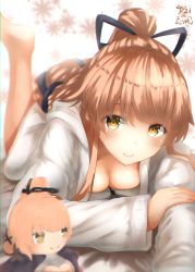 Rule 34 | 1girl, absurdres, barefoot, blush, breasts, cleavage, coat, dated, hair ribbon, highres, hood, hood down, hoodie, jacket, kantai collection, light brown hair, long hair, long sleeves, looking at viewer, lying, medium breasts, naked coat, on stomach, open clothes, ponytail, ribbon, shanghmely, signature, simple background, smile, solo, stuffed toy, yellow eyes, yura (kancolle)