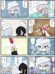 Rule 34 | 4koma, black hair, blue eyes, comic, dixie cup hat, flint (girls und panzer), frog, girls und panzer, hair over one eye, hat, highres, jinguu (4839ms), kindergarten uniform, long hair, military hat, multiple 4koma, music, ogin (girls und panzer), silver hair, singing, tearing up, translated, triangle mouth, aged down