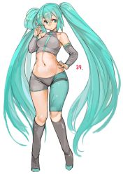 Rule 34 | 1girl, aqua eyes, aqua hair, arm warmers, black socks, crop top, full body, hair between eyes, hatsune miku, highres, kneehighs, long hair, looking at viewer, navel, sachito, simple background, socks, solo, standing, stomach, taut clothes, twintails, very long hair, vocaloid, white background