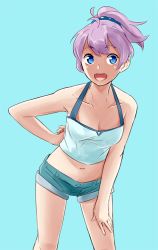 Rule 34 | 10s, 1girl, :d, alternate costume, aoba (kancolle), aqua background, bad id, bad pixiv id, blue eyes, breasts, cleavage, denim, denim shorts, hand on leg, hand on own hip, hand on own thigh, kantai collection, leaning forward, medium breasts, navel, ojipon, open mouth, ponytail, scrunchie, shorts, simple background, smile, solo, tank top