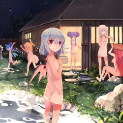 Rule 34 | 6+girls, arm up, armpits, arms up, barefoot, bat wings, bathhouse, blonde hair, blue hair, braid, breasts, cirno, double bun, flandre scarlet, grass, hair bun, hair over breasts, hao (patinnko), hong meiling, ice, ice wings, izayoi sakuya, long hair, looking at viewer, multiple girls, naked towel, nude, onsen, patchouli knowledge, purple eyes, remilia scarlet, rock, running, short hair, side ponytail, silver hair, sitting, touhou, towel, twin braids, wading, water, wings