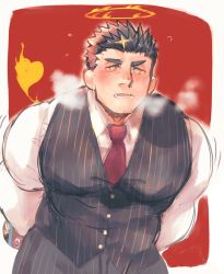 1boy, arms behind back, bara, black vest, blush, breath, facial hair, formal, halo, heart, large pectorals, leaning forward, looking at viewer, male focus, mature male, muscular, muscular male, necktie, official alternate costume, pants, pectorals, po fu, red necktie, shirt, short hair, sideburns, solo, spiked hair, striped, striped pants, striped suit, striped vest, stubble, thick eyebrows, tokyo houkago summoners, undershirt, unfinished, upper body, valentine, vest, white shirt, zabaniya (housamo)