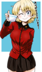 Rule 34 | 1girl, ;), aono3, arm behind back, black skirt, blonde hair, blue eyes, braid, closed mouth, commentary request, cowboy shot, cup, darjeeling (girls und panzer), epaulettes, girls und panzer, highres, holding, holding cup, insignia, jacket, long sleeves, looking at viewer, military, military uniform, miniskirt, one eye closed, pleated skirt, red jacket, short hair, skirt, smile, solo, st. gloriana&#039;s military uniform, standing, teacup, translated, twin braids, uniform