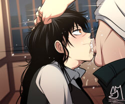 Rule 34 | 1boy, 1girl, artist name, black hair, blush, chainsaw man, close-up, collared shirt, commentary, cum, cum in mouth, cum overflow, deepthroat, denji (chainsaw man), english commentary, fanbox username, fellatio, fourth east high school uniform, from side, grabbing another&#039;s hair, hands on another&#039;s head, head out of frame, hetero, highres, irrumatio, long hair, motion lines, multicolored hair, oral, orange eyes, penis, penis out, ringed eyes, scar, scar on face, scar on nose, school uniform, semi draws, shirt, solo focus, subscribestar username, testicles, throat bulge, two-tone hair, uncensored, watermark, web address, white shirt, yellow eyes, yoru (chainsaw man)