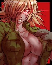 Rule 34 | 1girl, absurdres, blonde hair, blood, blood from mouth, breasts, cleavage, cleavage reach, glowing, glowing eye, hair over one eye, hellsing, highres, jacket, military, military uniform, nisego, no bra, open clothes, open jacket, red eyes, seras victoria, short hair, solo, uniform