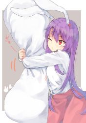 Rule 34 | 1girl, ;/, animal ears, bad id, bad pixiv id, blush, closed mouth, commentary, cowboy shot, from side, hair between eyes, long hair, long sleeves, hugging object, pillow, pillow hug, purple hair, rabbit ears, red eyes, red skirt, reisen udongein inaba, shirt, skirt, solo, suminagashi, touhou, very long hair, white shirt